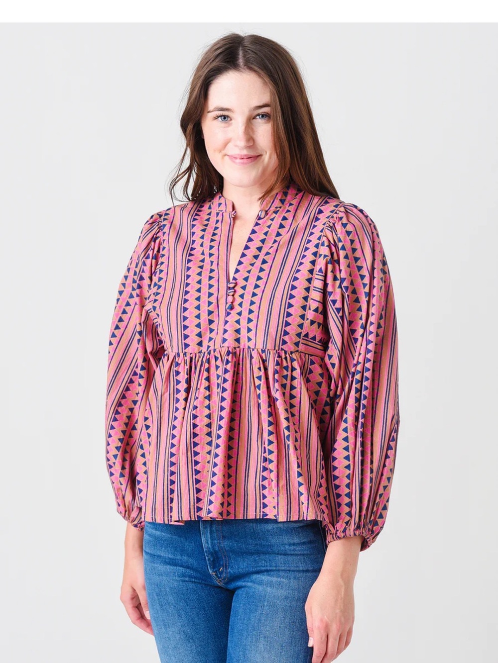 Oliphant Mandarin Balloon Sleeve Pink Blouse with Navy Geometric Stripes Cotton